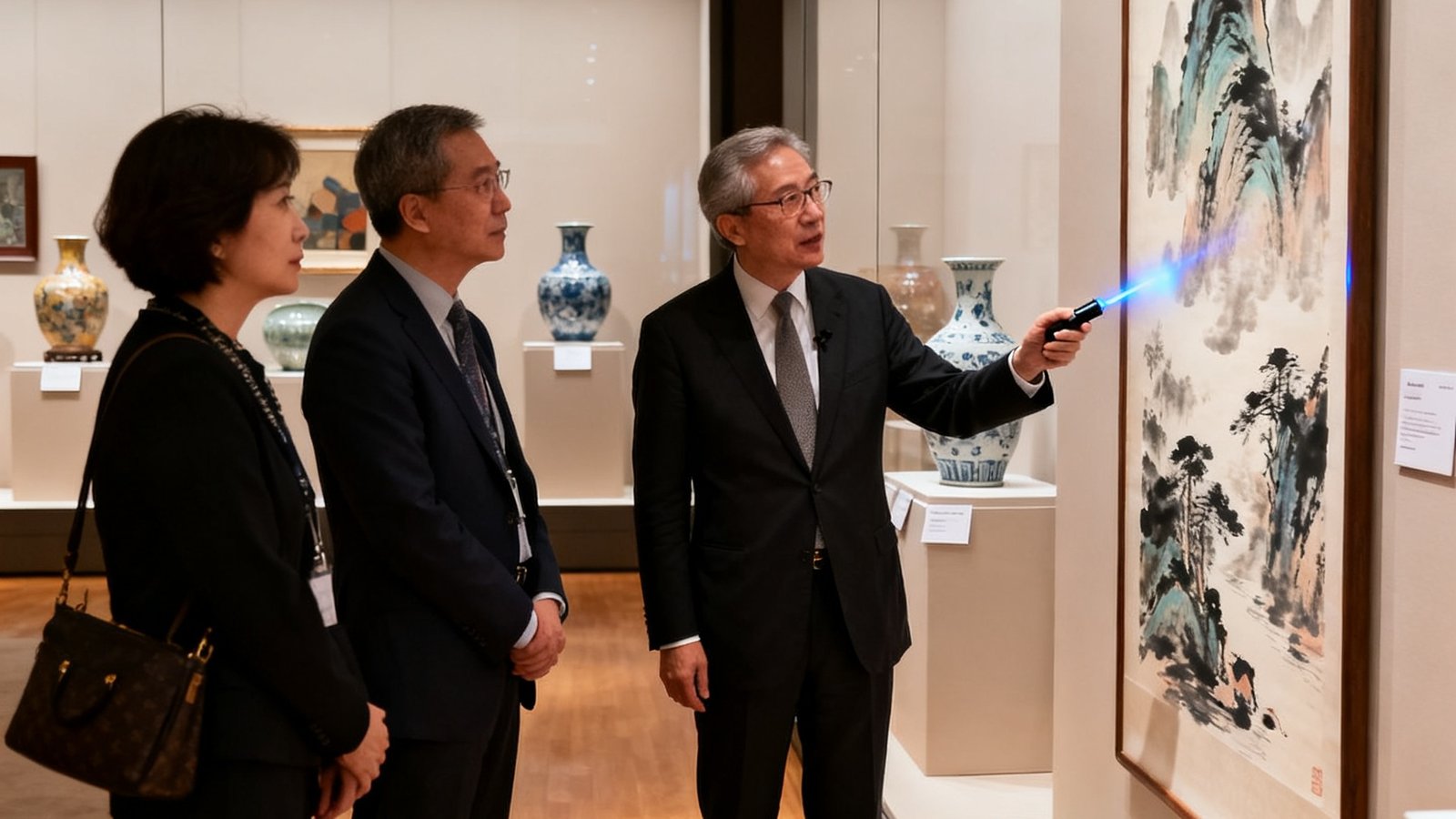 香港佳士得拍卖预展大厅内，公海贵宾会资深收藏顾问正在为三位会员讲解一幅张大千泼墨山水作品的笔法特征与市场估值，背景中可见多件即将上拍的重要瓷器与当代艺术品。