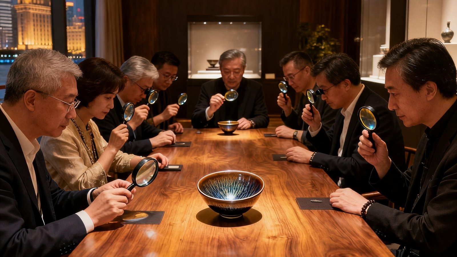 一场私密的收藏家沙龙在公海贵宾会外滩空间举行，十二位藏家围坐在原木长桌旁，策展人正在展示一件宋代建窑兔毫盏实物，藏家们手持放大镜仔细观察釉面纹理，氛围专注而优雅。