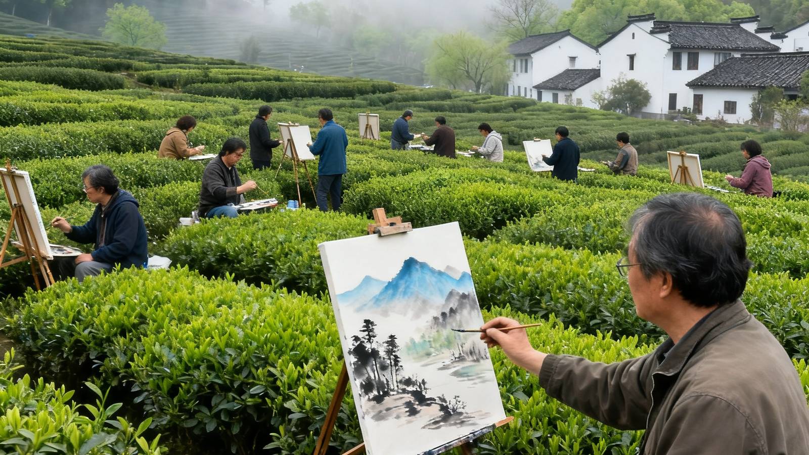 春天杭州西湖边的茶园中，二十余位参与者正在进行户外艺术写生，画架散落在茶垄之间，一位知名水墨画家正在示范如何捕捉晨雾中的远山层次，远处是龙井村的青瓦白墙与苍翠山峦。