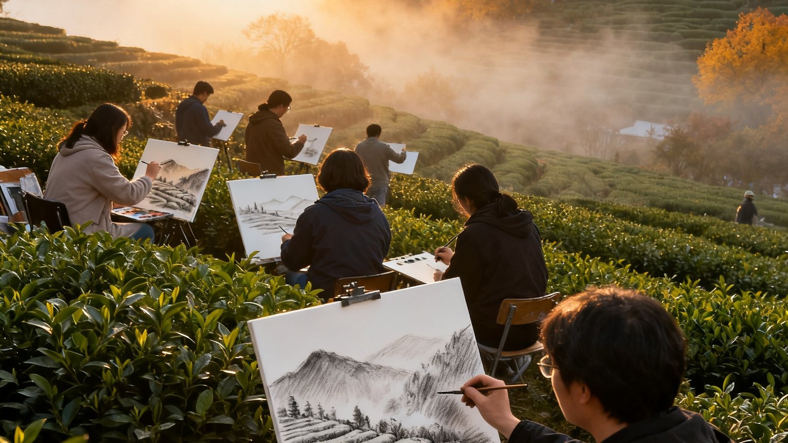 深秋的杭州龙井村，晨光透过茶园薄雾洒在画布上，十几位沙龙参与者正在用各自的方式捕捉眼前的景色，有人用水彩晕染远山，有人用炭笔勾勒茶树轮廓。