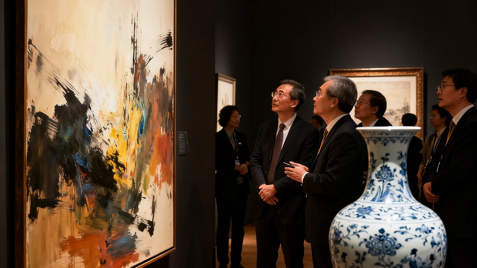 国际顶级拍卖行预展现场，展厅内陈列着赵无极大幅抽象油画与明代青花瓷瓶，数位藏家在专业导览下近距离鉴赏拍品细节，暖色灯光映照出艺术品的细腻肌理与历史厚重感。